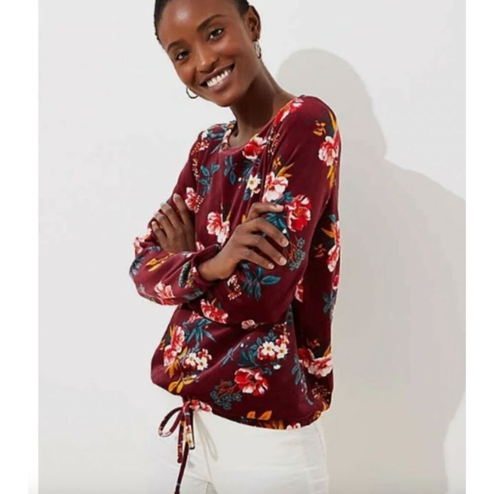 LOFT Plus 20/22 Burgundy Floral Velour Long Sleeve Top Drawstring Hem Fall Winte